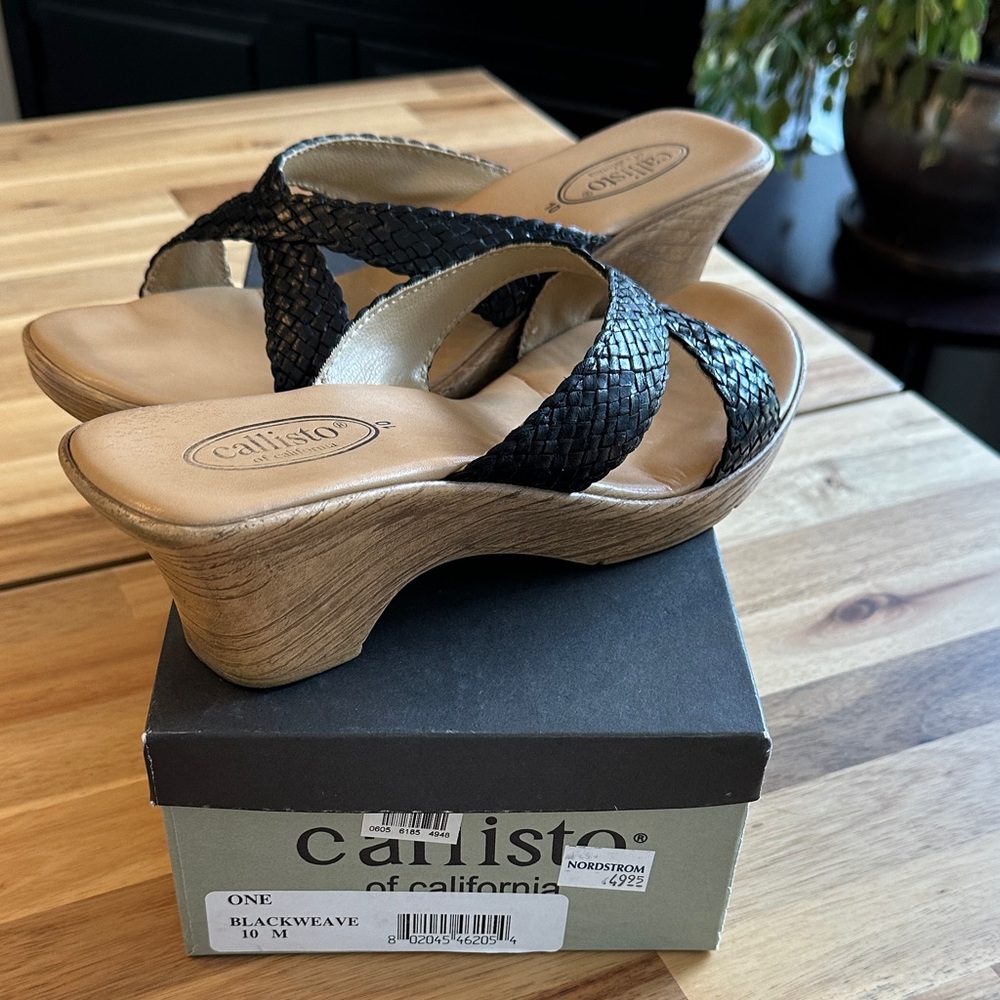 Callisto Black Weave Wedge Sandals